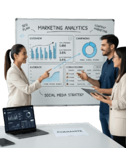 Blog team planning digital marketing strategy on laptop and documents